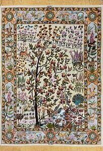 Handmade Persian Tabriz silk rug, multicolor, with birds and animals. Size 5x6.7.