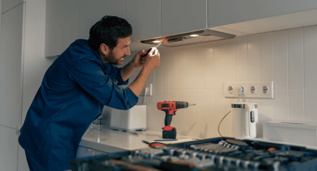 Man inspecting kitchen under cabinet with flashlight at Blue Box Self Storage.