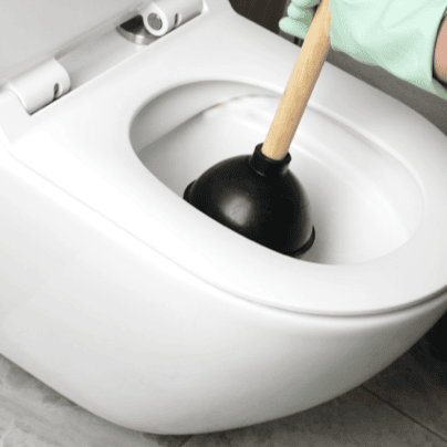Close-up of a toilet with a plunger ready for cleaning or unclogging.