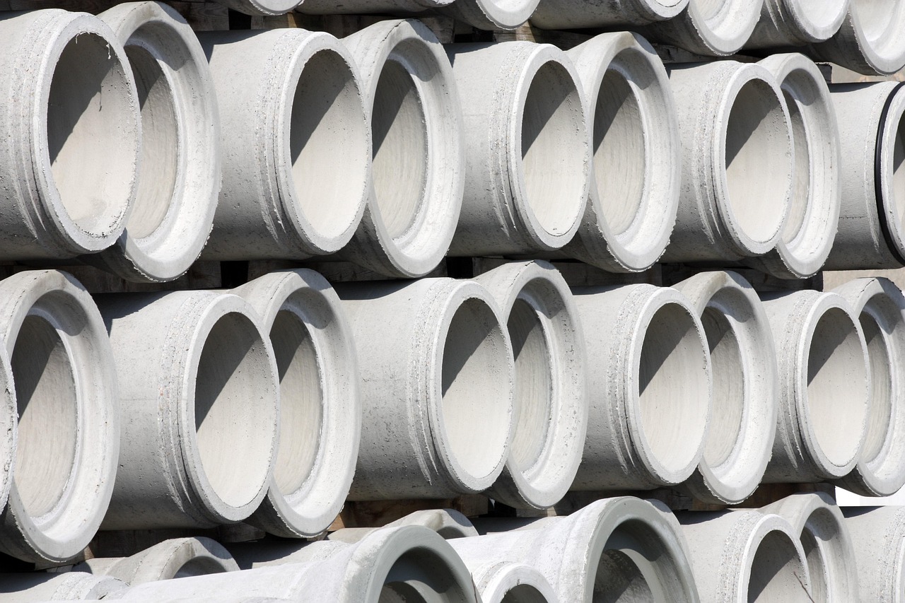 Stacked concrete pipes at Blue Box Self Storage facility in the UK.