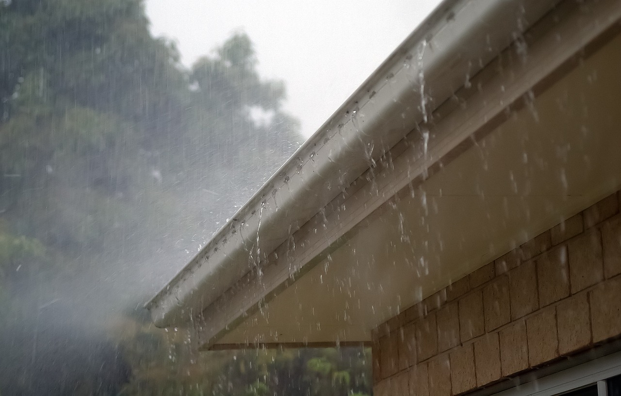 Rain falling on the edge of a building's roof with trees in the background.