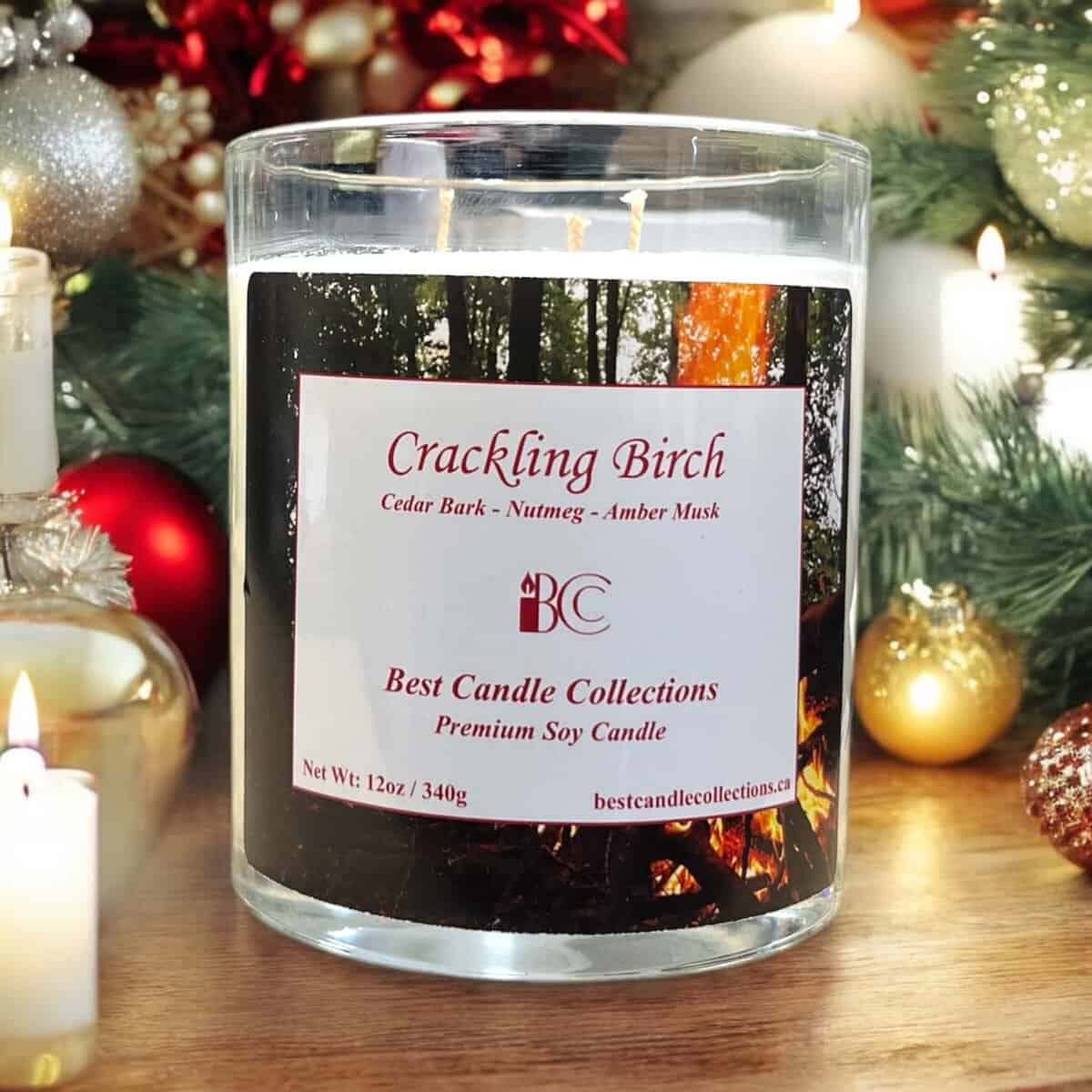 Candle with crackling birch scent, cedar bark, nutmeg, and amber musk.