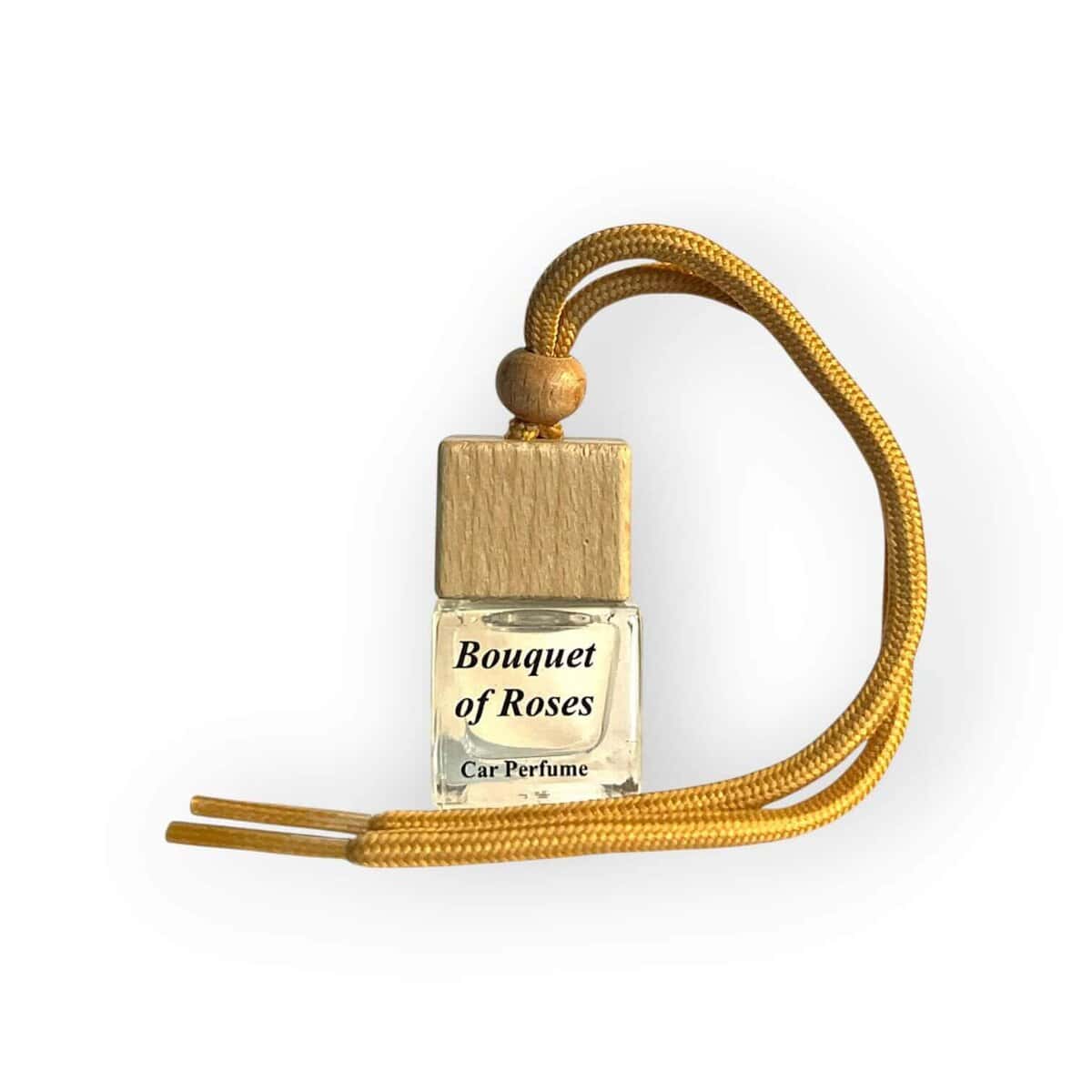 Car diffuser with rose scent in a glass bottle labeled "Bouquet of Roses".