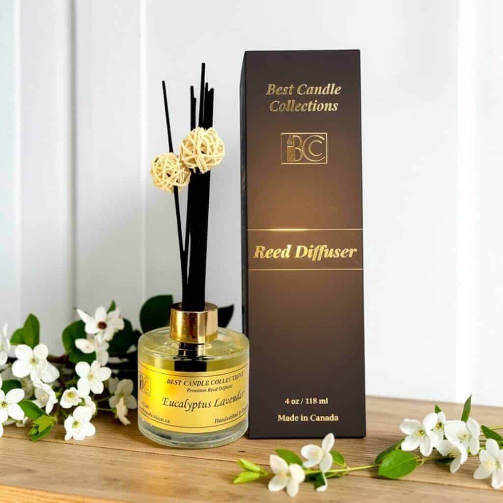 Reed diffuser with eucalyptus and lavender scent, ideal for home fragrance and relaxation.