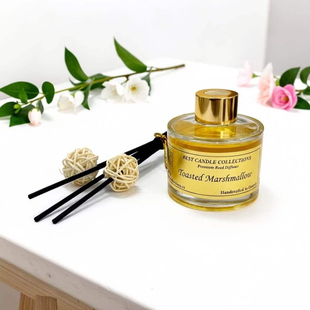 Reed diffuser with toasted marshmallow scent, ideal for home fragrance and relaxation.