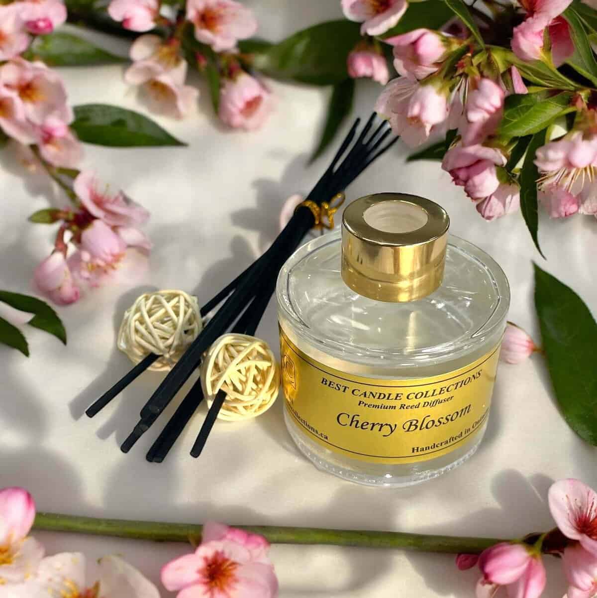 Reed diffuser with cherry blossom scent for home fragrance.