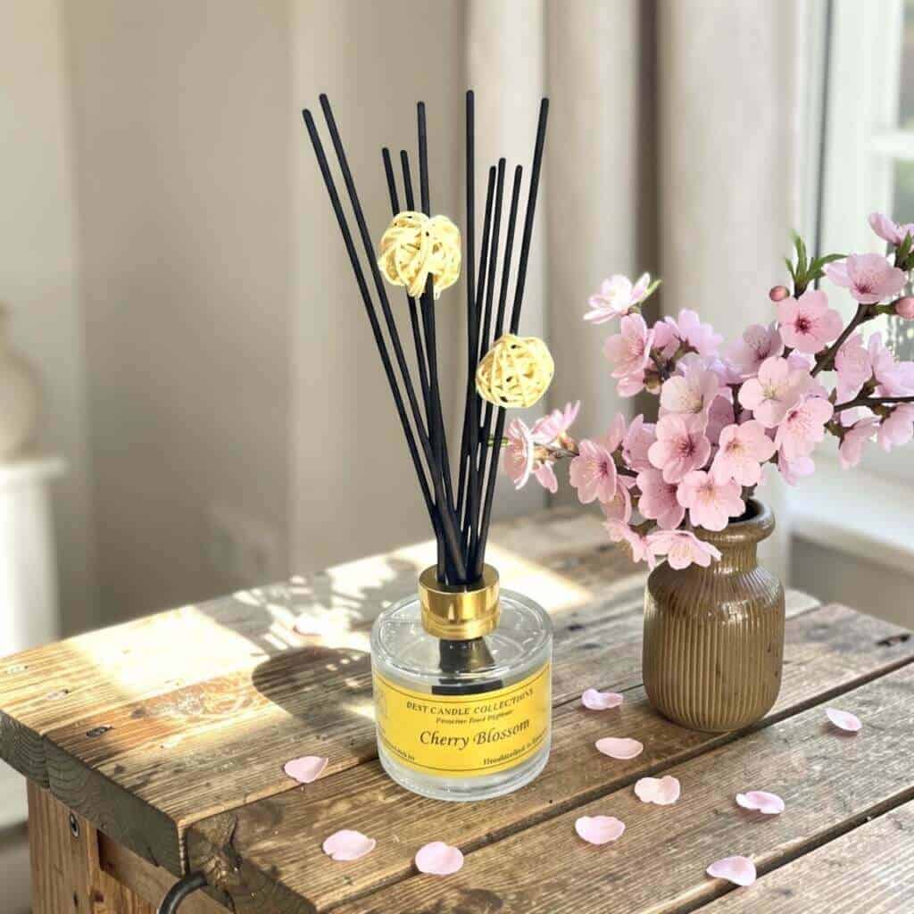 Reed diffuser with cherry blossom scent and decorative flowers.