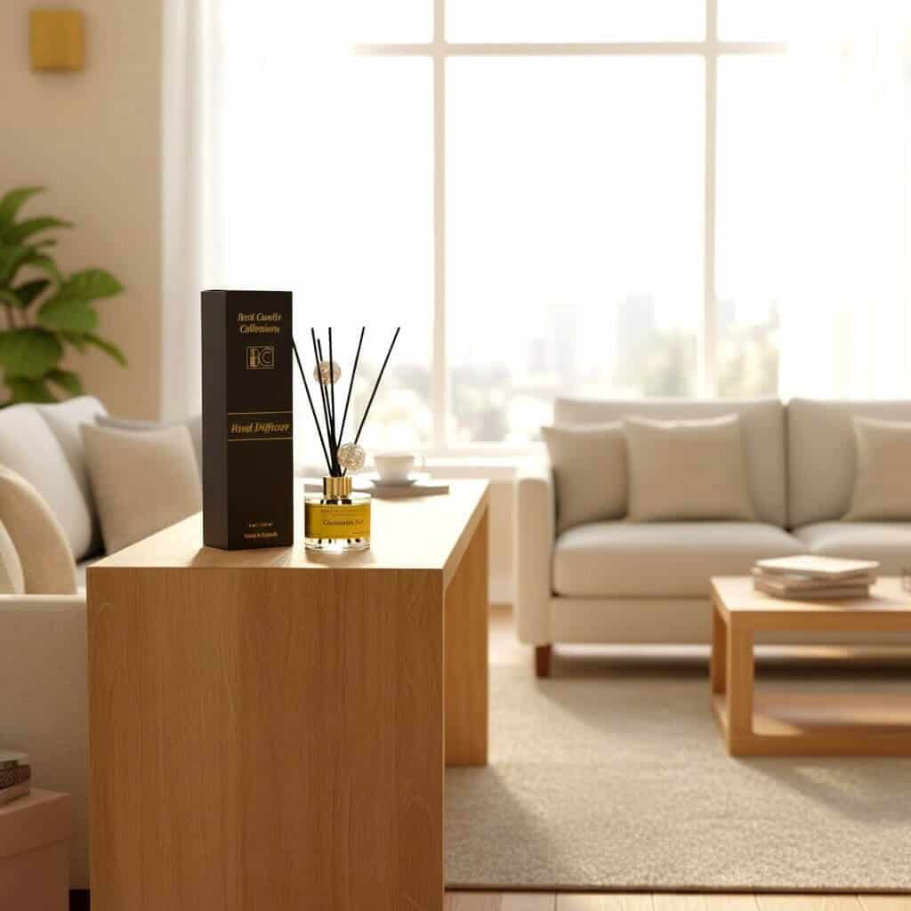 Reed diffuser with cinnamon roll scent in a modern living room setting.