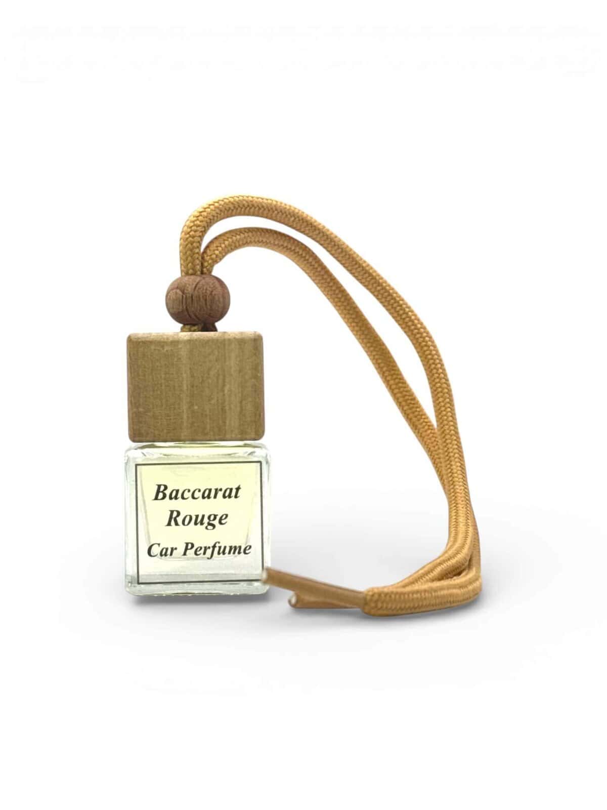 Baccarat Rouge car diffuser with wooden cap and beige cord for luxury scent.