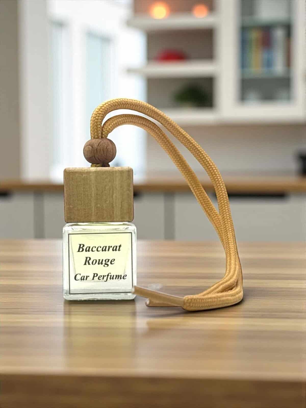 Baccarat Rouge car diffuser with perfume scent and decorative rope.