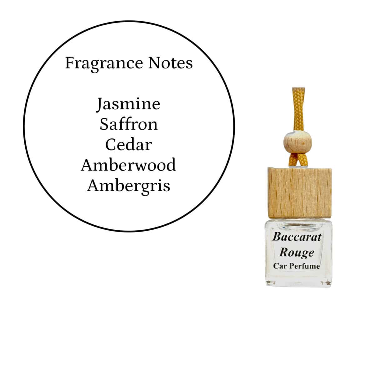 Baccarat Rouge car diffuser with wooden top and fragrance notes.