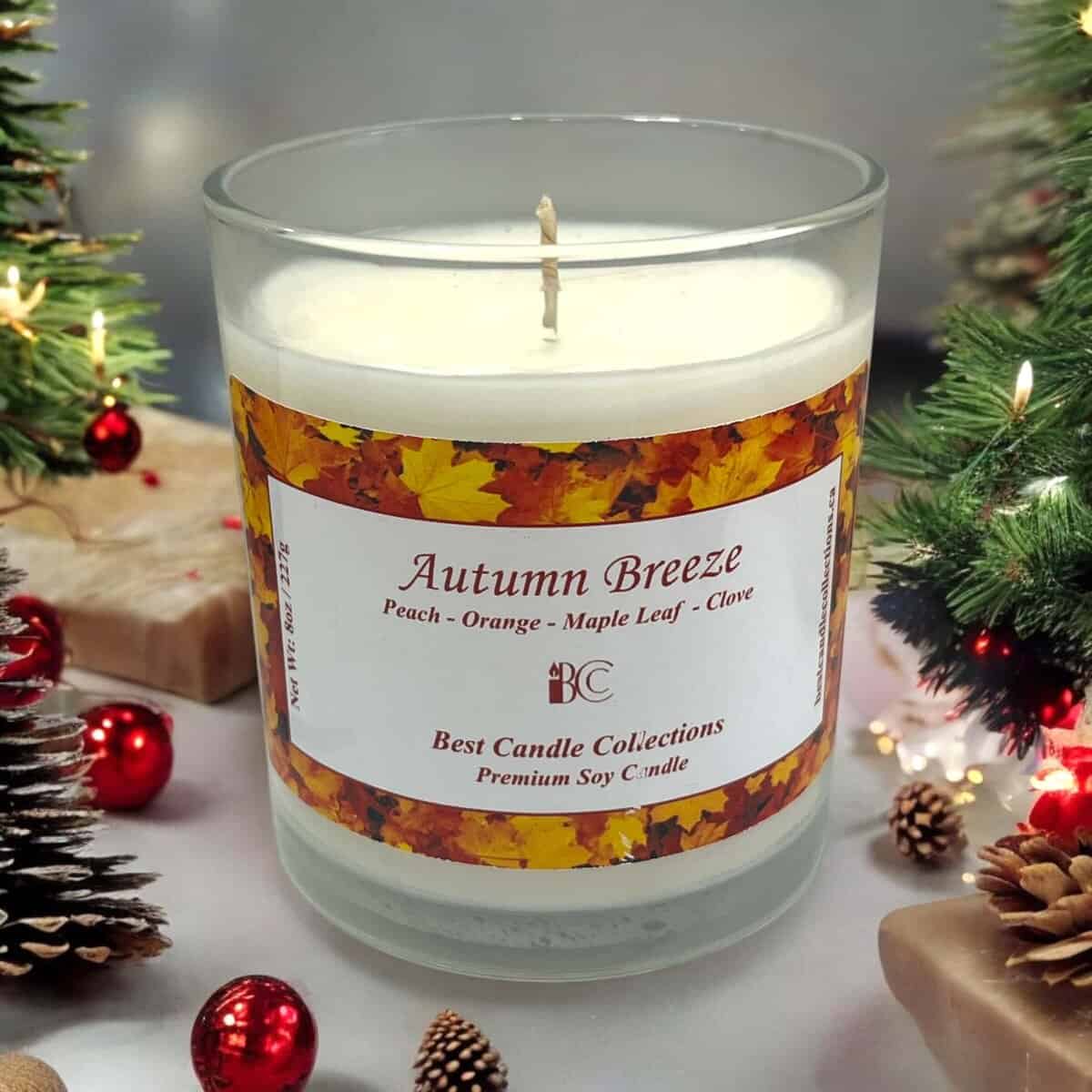 Autumn Breeze soy wax candle with autumn leaves design, 8oz / 227g.