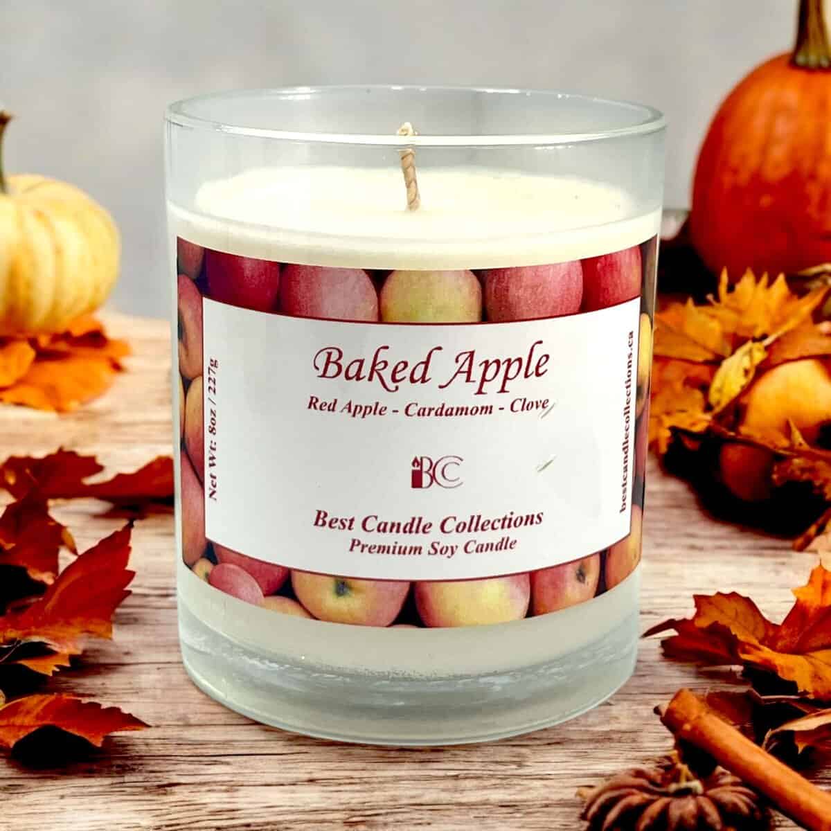 Soy wax apple-scented candle with cinnamon and clove notes.