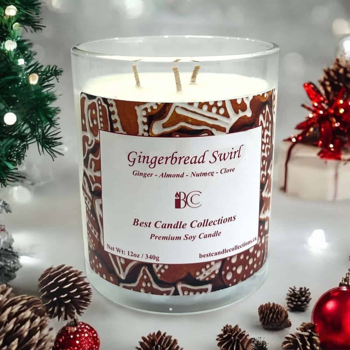Gingerbread Swirl soy candle with ginger, almond, nutmeg, and clove scents. Perfect for holiday ambi.