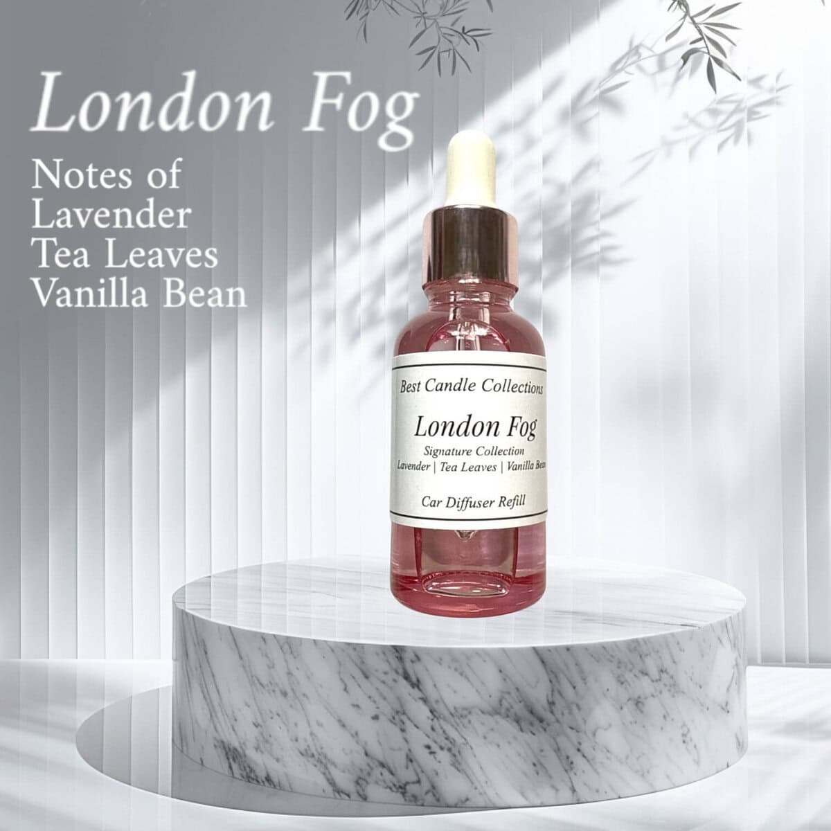 Refill bottle for London Fog diffuser with lavender, vanilla, and tea leaf scents. Perfect for enhan.
