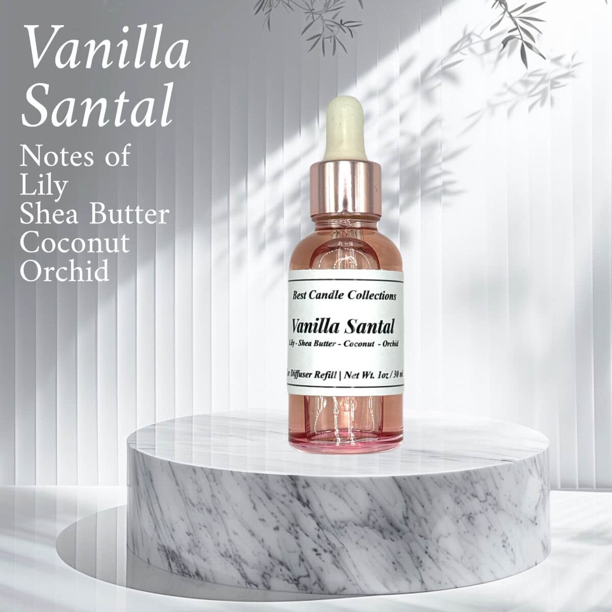 Vanilla Santal diffuser refill with lily, shea butter, coconut, and orchid notes.