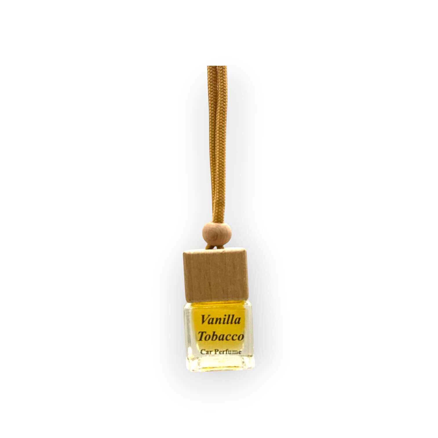 Vanilla Tobacco car diffuser with wooden cap and hanging string.