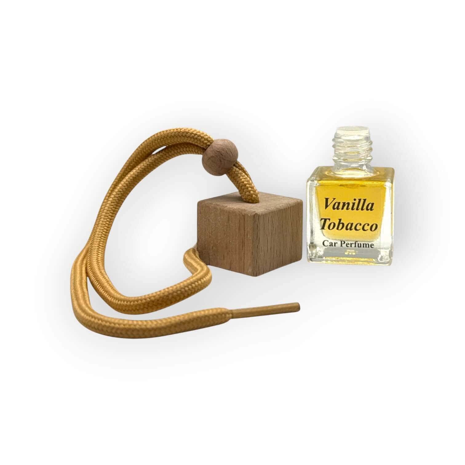 Car diffuser with vanilla tobacco scent and wooden block.