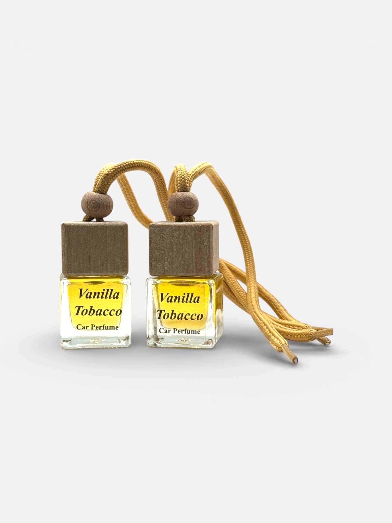 Vanilla Tobacco car diffuser with wooden cap and yellow cord.