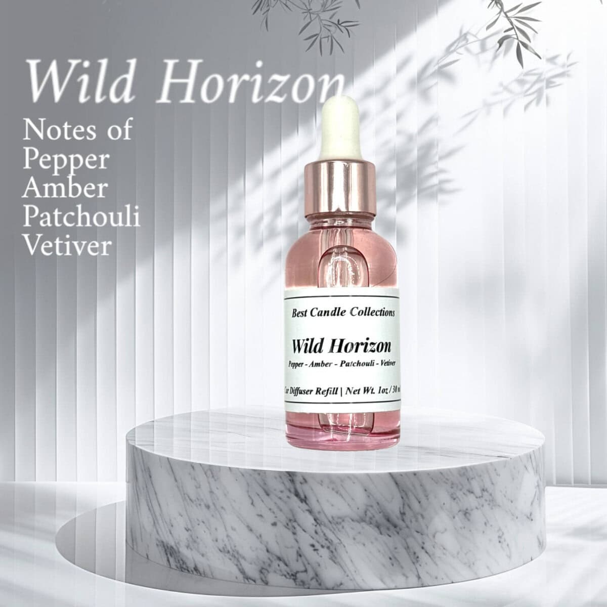 Wild Horizon diffuser refill with amber and patchouli scent on marble surface.