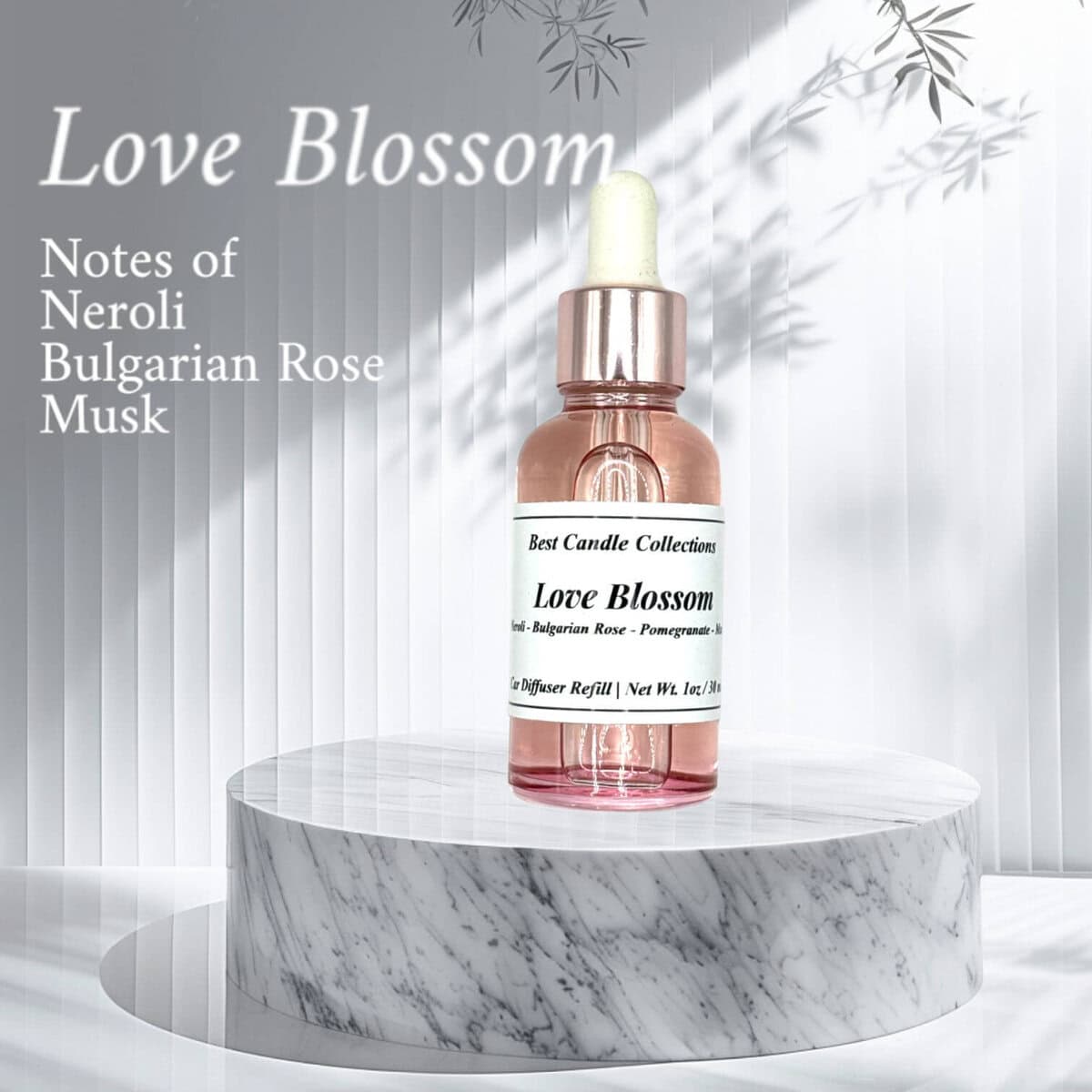 Refill for Love Blossom diffuser with Neroli, Bulgarian Rose, and Musk scents. Elegant and aromatic.