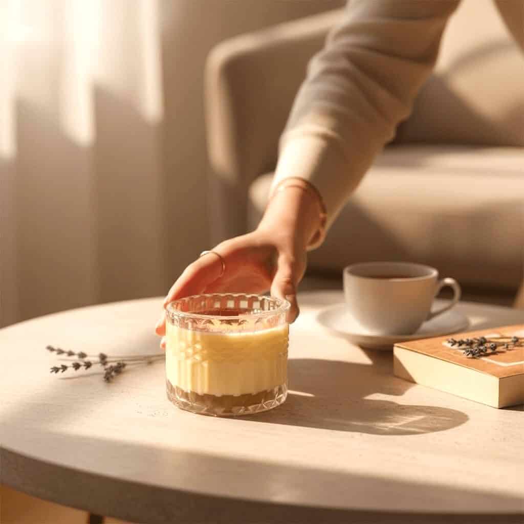 Elegant Baccarat Rouge soy candle in a glass holder.