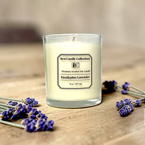 Eucalyptus Lavender scented soy candle for relaxation and freshness.