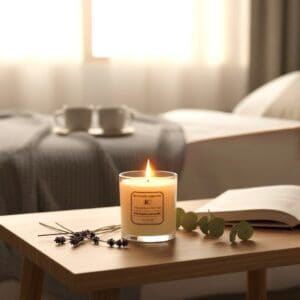 Handmade soy candle with fresh Eucalyptus Lavender scent in a cozy bedroom setting.