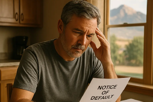 Concerned middle-aged homeowner in a Colorado Springs kitchen reviewing a notice of default, representing mortgage hardship and real estate decision-making.