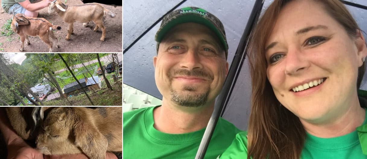 A photo of Dawn Bartrum with her husband Billy appear to the right. On the left, there are three photos stacked on top of each other. The top photo shows goats. The middle photo is an overview of Dawn's land. The bottom photo shows 2 baby goats in someone's hands.