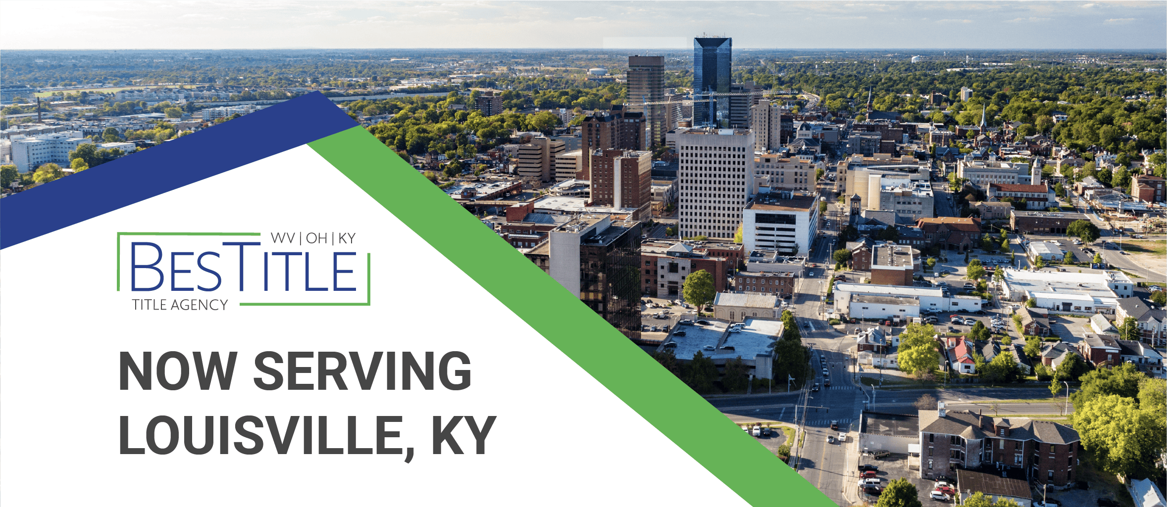 The skyline of Louisville, Kentucky with the BesTitle logo and the words "NOW SERVING LOUISVILLE, KY."