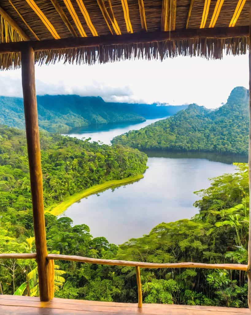 Breathtaking view of lush jungle and river from a tropical retreat balcony. Perfect for relaxation a.