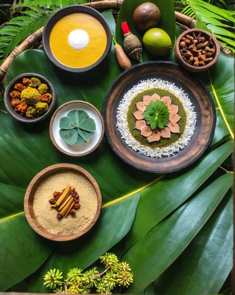 Healing Ayurvedic herbs and spices on tropical leaves for wellness.
