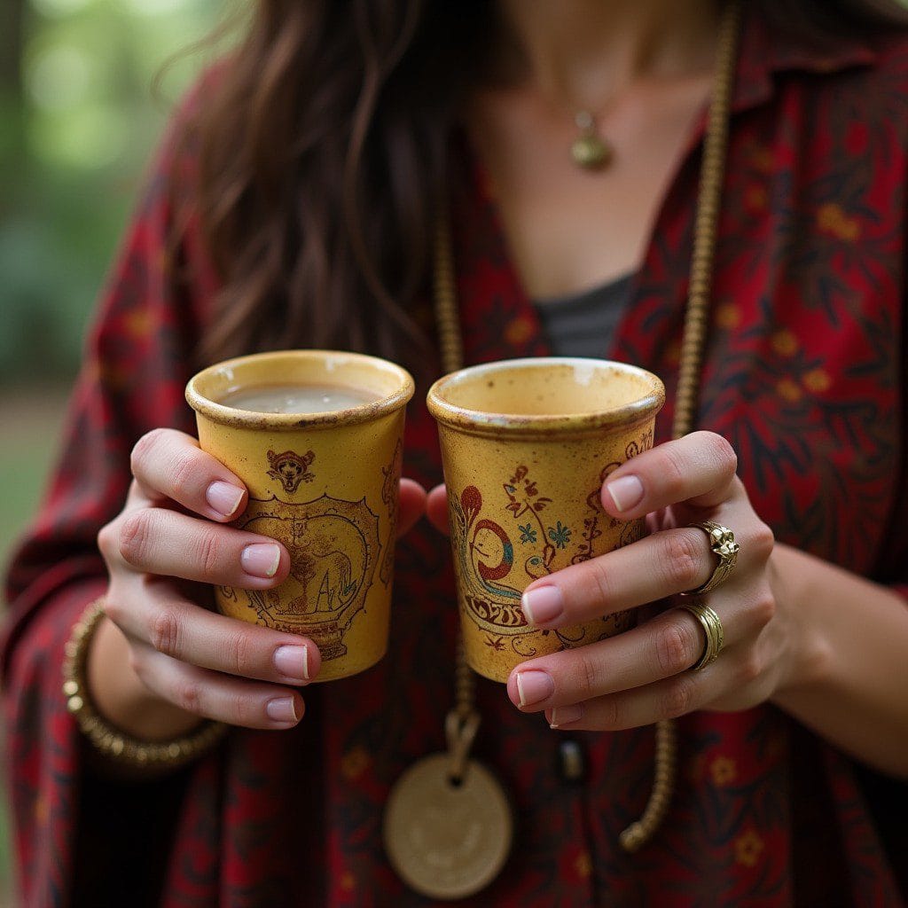 Woman holding two traditional tea cups at Our Story retreat, emphasizing relaxation and cultural exp.