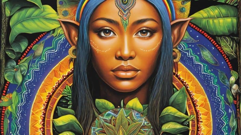 Vibrant portrait of a forest spirit with elf-like features and lush greenery.