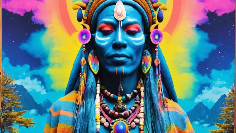 Vibrant spiritual shaman with colorful headdress and sacred symbols.