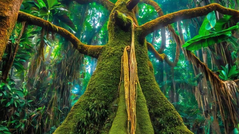 Ancient tree in lush rainforest, symbolizing spiritual growth and natural healing.