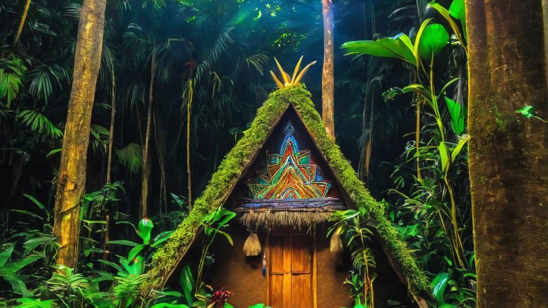 A lush jungle setting with a traditional hut, perfect for transformative retreats and spiritual jour.