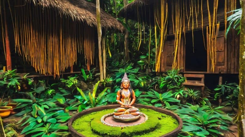 Peaceful jungle retreat featuring a Buddha statue surrounded by lush greenery and traditional thatch.