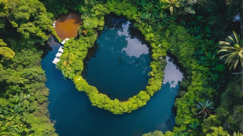 Aerial view of a serene lagoon surrounded by dense tropical jungle in Costa Rica.