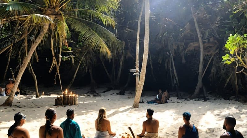 Peaceful group meditation during an ayahuasca retreat in lush jungle surroundings.