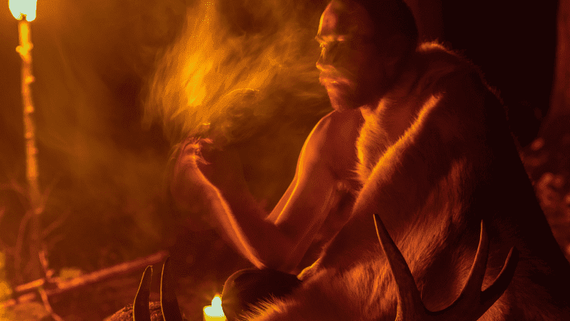 Man with fire performing a ritual in a forest setting for spiritual retreats.