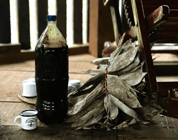 Rustic retreat scene with leaves, bottles, and cups in a cozy wooden space.