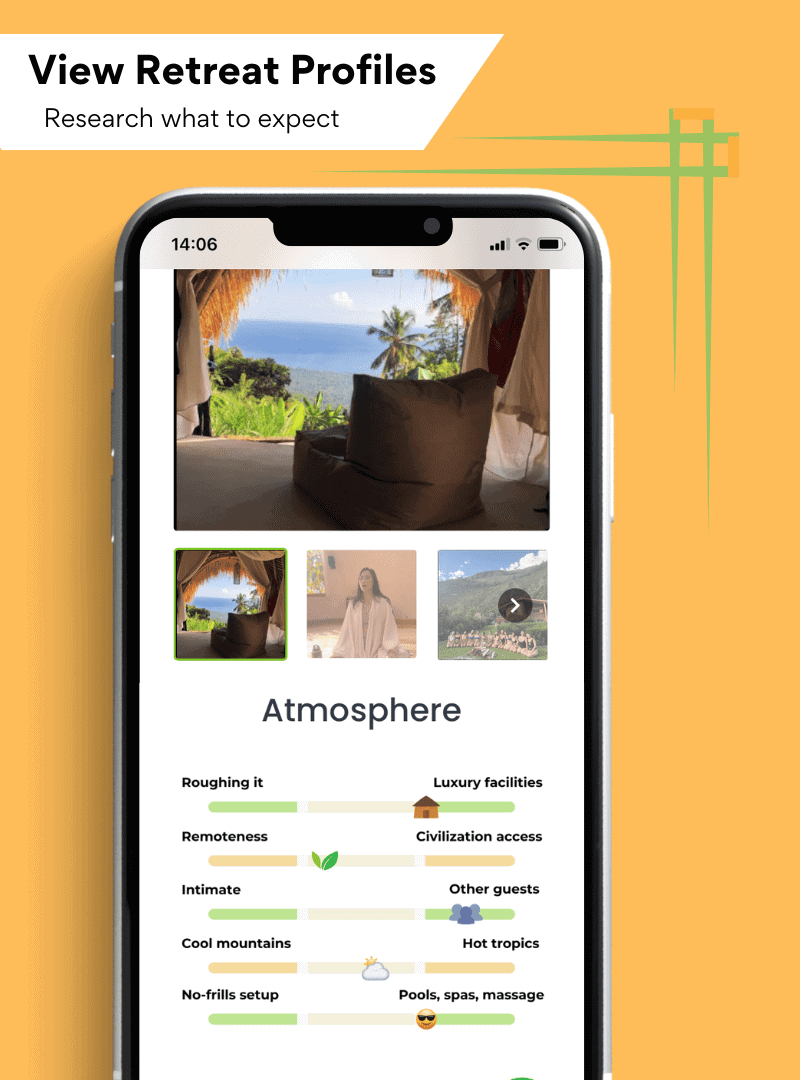 Mobile app showcasing serene retreat profiles with ocean views and luxurious amenities.