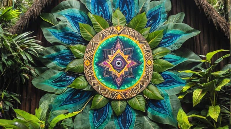 Colorful mandala wall art surrounded by lush tropical plants in a serene retreat environment.