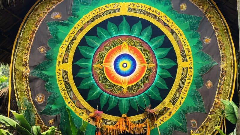 Colorful mandala entrance for ayahuasca retreat ceremonies in lush jungle setting.