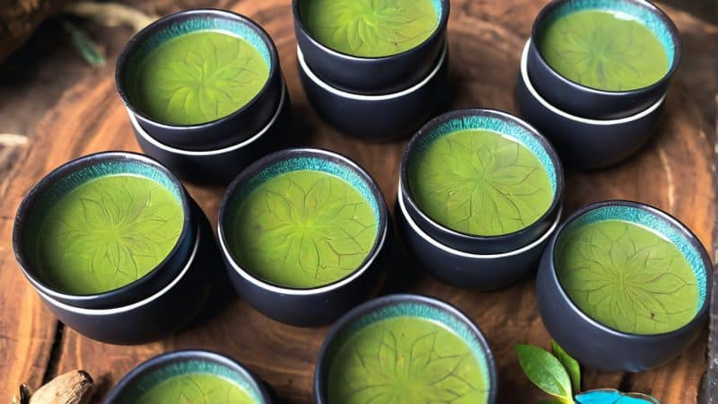 Cups of herbal tea with green leaves for Ayahuasca ceremonies.