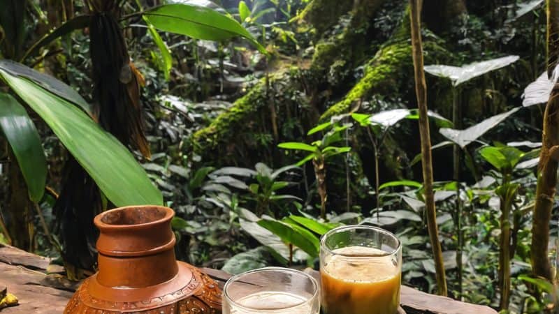 Exploring traditional ayahuasca rituals in a lush rainforest setting.