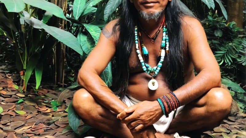 Ayahuasca origin and traditional ceremonies in lush Amazon rainforest setting.