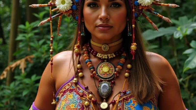 Woman wearing elaborate, colorful headdress with beads and flowers in lush forest.